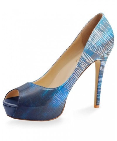 Womens Platform High Stiletto Sandals Heels Pumps Multicolor Floral Printed Peep Toe Sexy Shoes Blue Stripe $38.01 Pumps