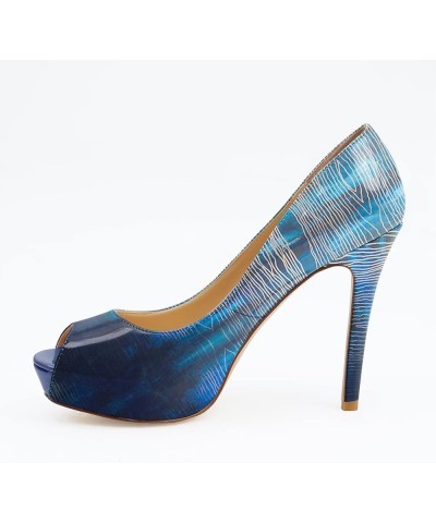 Womens Platform High Stiletto Sandals Heels Pumps Multicolor Floral Printed Peep Toe Sexy Shoes Blue Stripe $38.01 Pumps