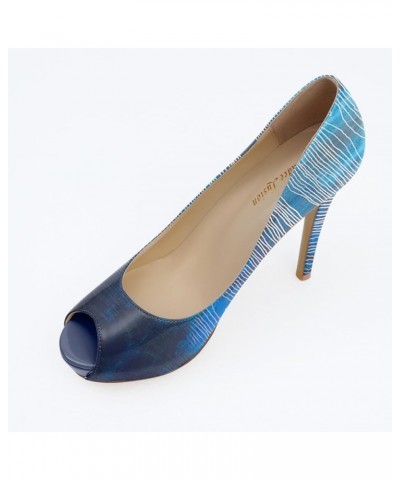 Womens Platform High Stiletto Sandals Heels Pumps Multicolor Floral Printed Peep Toe Sexy Shoes Blue Stripe $38.01 Pumps