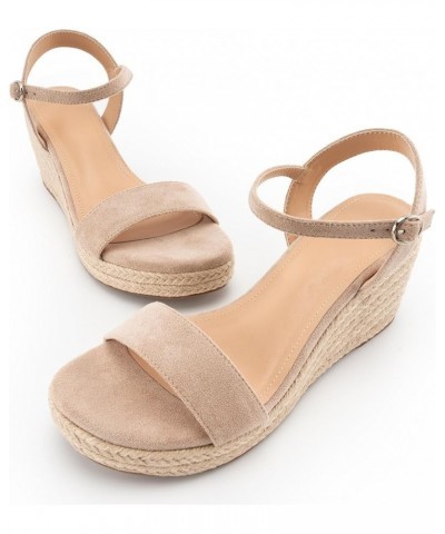 Espadrilles Strappy Suede Wedge Sandals for Women Dressy Summer Ankle Strap Buckle Open Toe Sandals Nude $30.67 Sandals