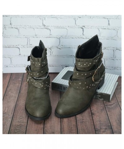 Boots for Women Zip High Heeled Short Boots Vintage Breathable Chunky Heel Leather Boots Boots Men A Green $23.32 Boots