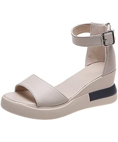 Bohemian Solid Peep Shoes Toe Wedges Bottom Thick Sandals Women Flatform Women's Wedges Beige $19.90 Sandals