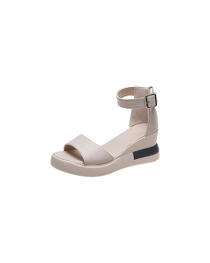 Bohemian Solid Peep Shoes Toe Wedges Bottom Thick Sandals Women Flatform Women's Wedges Beige $19.90 Sandals