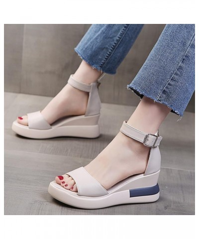 Bohemian Solid Peep Shoes Toe Wedges Bottom Thick Sandals Women Flatform Women's Wedges Beige $19.90 Sandals