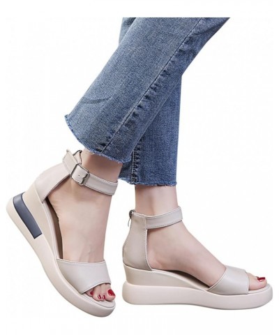 Bohemian Solid Peep Shoes Toe Wedges Bottom Thick Sandals Women Flatform Women's Wedges Beige $19.90 Sandals