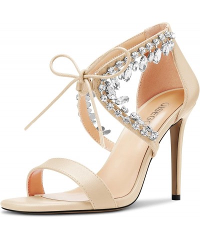 Women Stiletto High Heel Peep Open Toe Sandals Lace-up Rhinestone Crystal Party Cute 3.9 Inches Heels Beige $44.38 Sandals