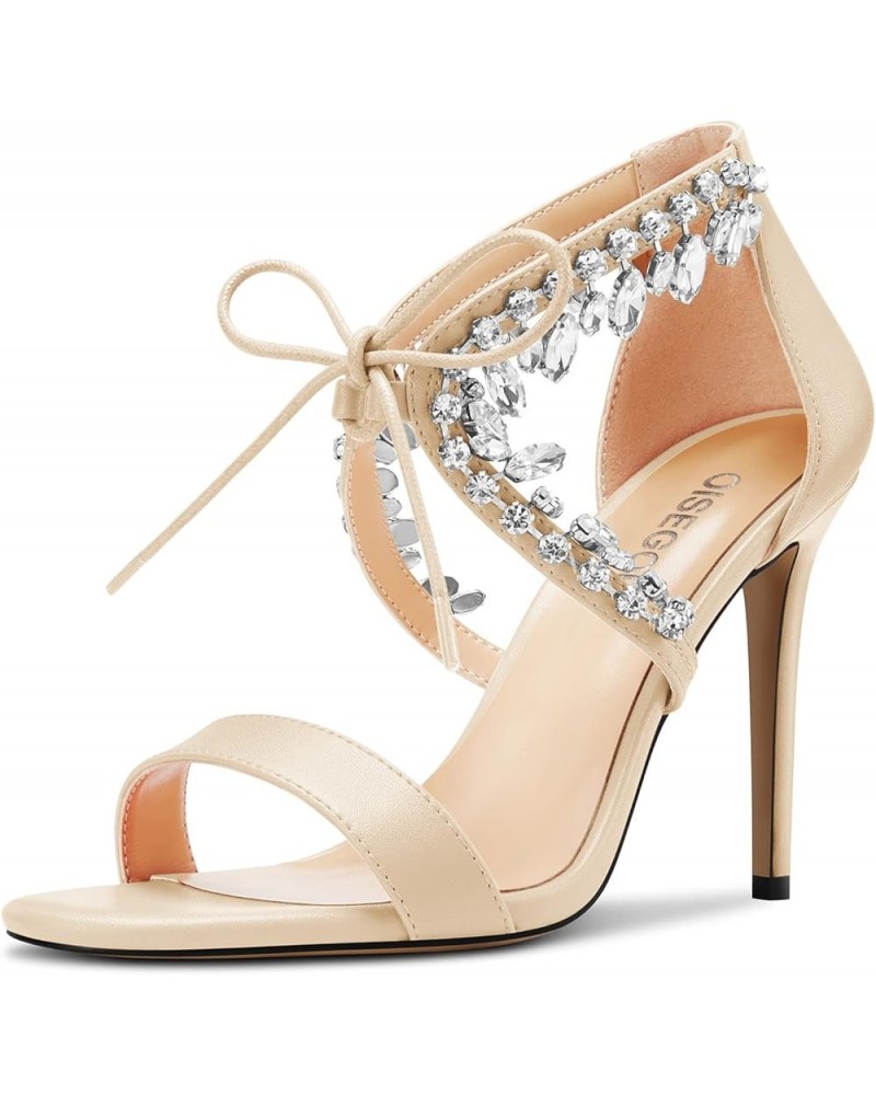 Women Stiletto High Heel Peep Open Toe Sandals Lace-up Rhinestone Crystal Party Cute 3.9 Inches Heels Beige $44.38 Sandals