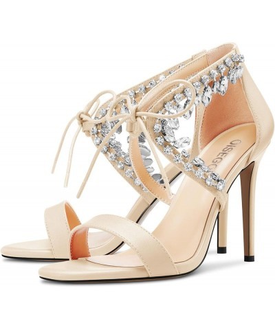 Women Stiletto High Heel Peep Open Toe Sandals Lace-up Rhinestone Crystal Party Cute 3.9 Inches Heels Beige $44.38 Sandals