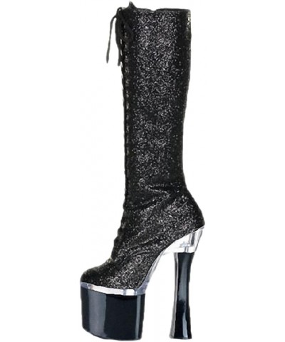 Sexy Black Knee High Boots 18CM/7.08 Inch Chunky Heel Super High Heel Boots Womens Sparkly Platform Shoes with Side Zipper fo...