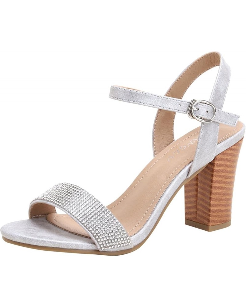 Women Rhinestone Strap Heels Sandals Elegant Square Open Toe Heel Sandals Comfortable Buckle Ankle Strap Sandals Silver 8.5 $...