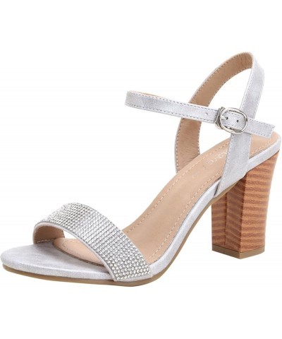 Women Rhinestone Strap Heels Sandals Elegant Square Open Toe Heel Sandals Comfortable Buckle Ankle Strap Sandals Silver 8.5 $...