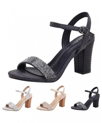 Women Rhinestone Strap Heels Sandals Elegant Square Open Toe Heel Sandals Comfortable Buckle Ankle Strap Sandals Silver 8.5 $...