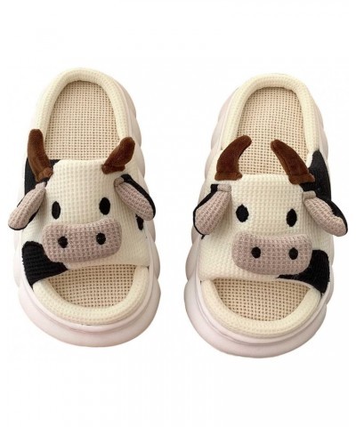 Kawaii Cow Slippers, Mute Cow Linen Slides for Women, Soft and Comfortable Thick Sole Cartoon Animal Cotton Linen Slides (Lin...