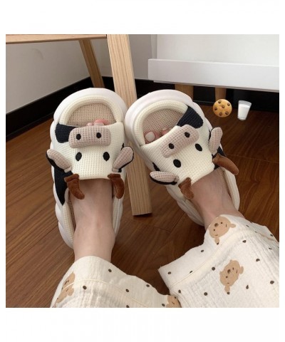 Kawaii Cow Slippers, Mute Cow Linen Slides for Women, Soft and Comfortable Thick Sole Cartoon Animal Cotton Linen Slides (Lin...