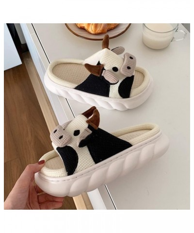 Kawaii Cow Slippers, Mute Cow Linen Slides for Women, Soft and Comfortable Thick Sole Cartoon Animal Cotton Linen Slides (Lin...