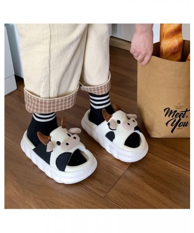 Kawaii Cow Slippers, Mute Cow Linen Slides for Women, Soft and Comfortable Thick Sole Cartoon Animal Cotton Linen Slides (Lin...