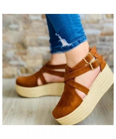 Black Sandals Women Platform Buckle Women's Casual Color Hollow Side Fashion Sandals Solid Heel Women Wedges Sandals Brown $1...