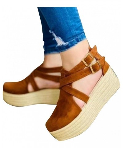 Black Sandals Women Platform Buckle Women's Casual Color Hollow Side Fashion Sandals Solid Heel Women Wedges Sandals Brown $1...