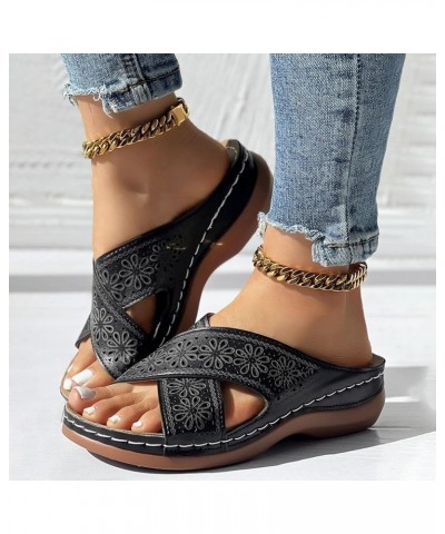 Women's Platform Wedge Sandals Sparkly 2024 Trendy Women's Flat Sandals Lightweight Footwear Black $15.65 Sandals