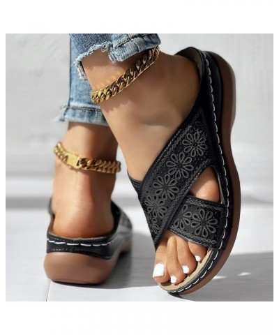 Women's Platform Wedge Sandals Sparkly 2024 Trendy Women's Flat Sandals Lightweight Footwear Black $15.65 Sandals