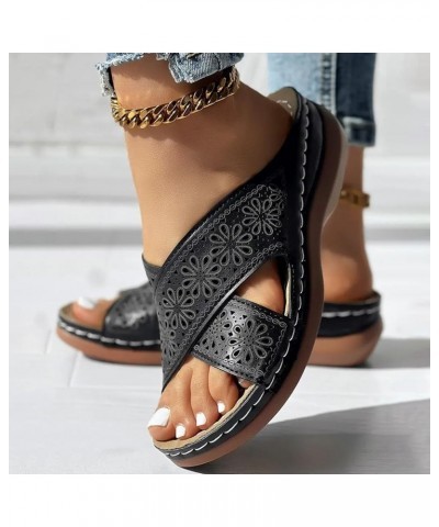 Women's Platform Wedge Sandals Sparkly 2024 Trendy Women's Flat Sandals Lightweight Footwear Black $15.65 Sandals