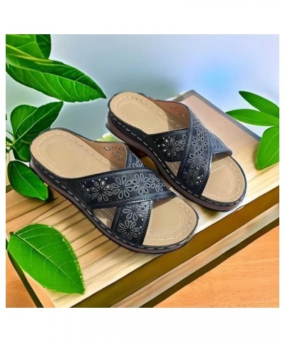 Women's Platform Wedge Sandals Sparkly 2024 Trendy Women's Flat Sandals Lightweight Footwear Black $15.65 Sandals