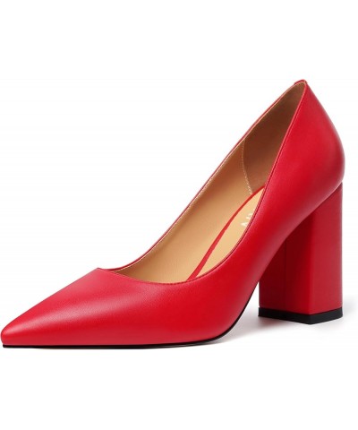 Womens Office Formal Pointed Toe Solid Matte Slip On Block High Heel Pumps Shoes 3.3 Inch Red $19.35 Pumps