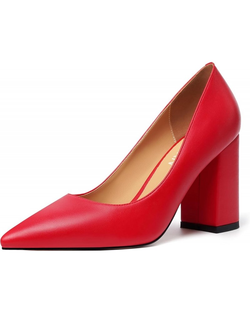 Womens Office Formal Pointed Toe Solid Matte Slip On Block High Heel Pumps Shoes 3.3 Inch Red $19.35 Pumps