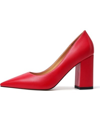 Womens Office Formal Pointed Toe Solid Matte Slip On Block High Heel Pumps Shoes 3.3 Inch Red $19.35 Pumps