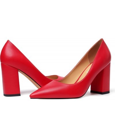 Womens Office Formal Pointed Toe Solid Matte Slip On Block High Heel Pumps Shoes 3.3 Inch Red $19.35 Pumps