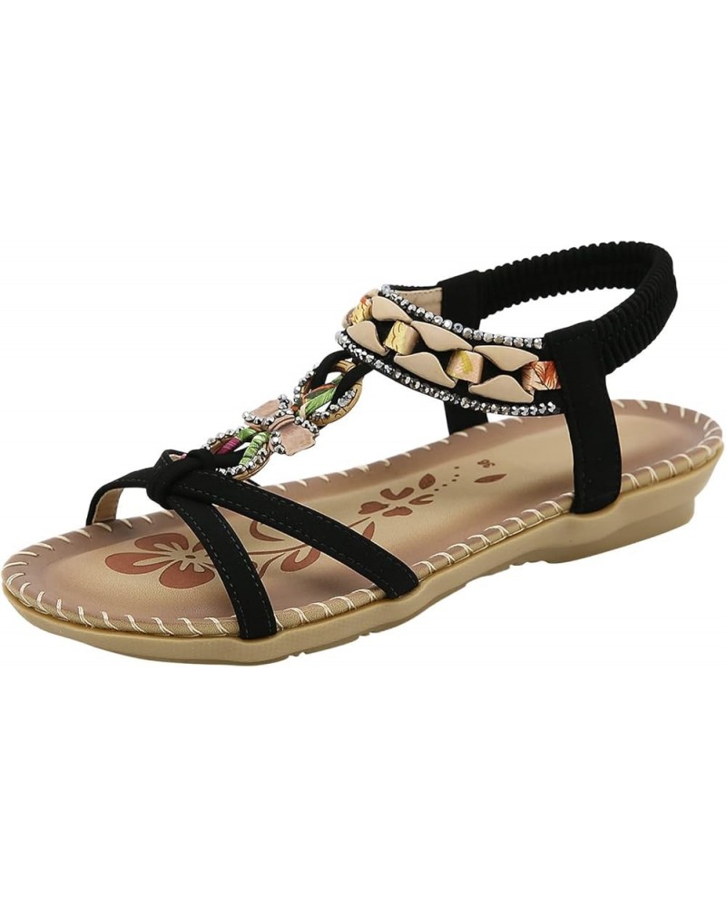 Falt 2024 Flat Sandals for Women Spring Rhinestone Summer Beach Spring 2024 Trendy Peep Toe Boho Cute Elastic Band Black $12....