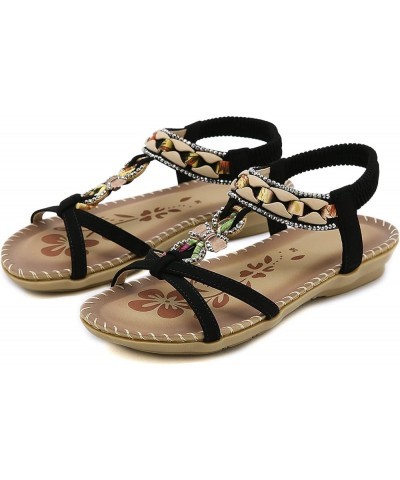 Falt 2024 Flat Sandals for Women Spring Rhinestone Summer Beach Spring 2024 Trendy Peep Toe Boho Cute Elastic Band Black $12....