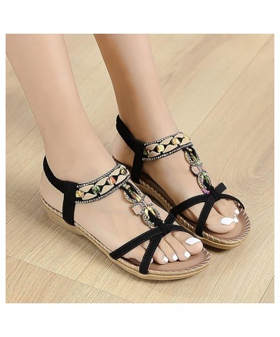 Falt 2024 Flat Sandals for Women Spring Rhinestone Summer Beach Spring 2024 Trendy Peep Toe Boho Cute Elastic Band Black $12....