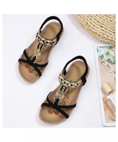 Falt 2024 Flat Sandals for Women Spring Rhinestone Summer Beach Spring 2024 Trendy Peep Toe Boho Cute Elastic Band Black $12....