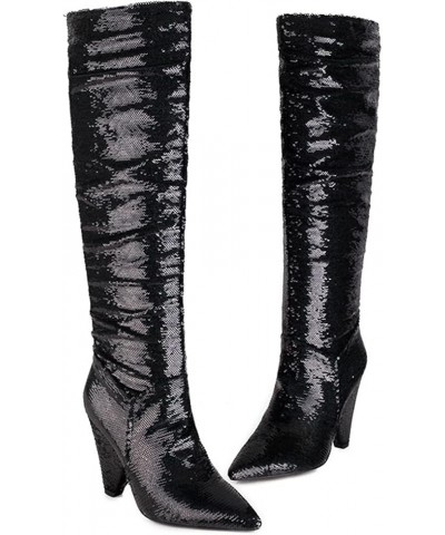 Knee High Boots for Women Pointed Toe Glitter Boots Sequin-black $43.98 Boots