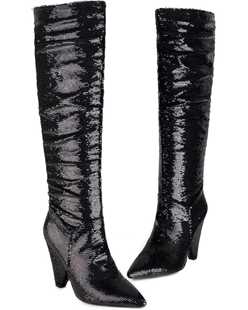 Knee High Boots for Women Pointed Toe Glitter Boots Sequin-black $43.98 Boots