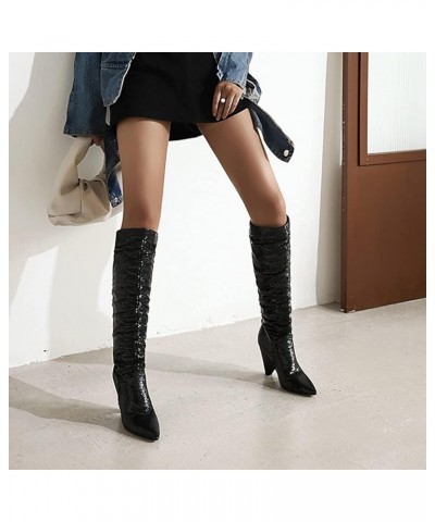 Knee High Boots for Women Pointed Toe Glitter Boots Sequin-black $43.98 Boots