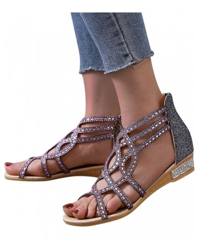 Women's Wedge Sandals Ankle Strap Open Toe Zip Back Summer Sandal Rhinestone Hollow Casual Beach Roman Bohemia Comfortable Lo...