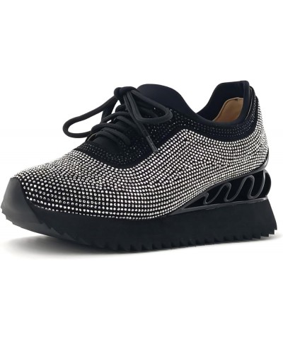 Women's Rhinestone Fashion Snakers Platform Walking Shoes Low Top Lace Up Snakers Black $29.24 Fashion Sneakers