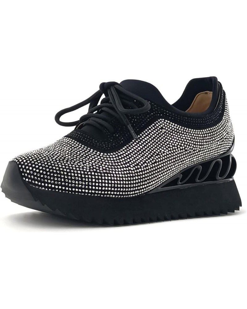 Women's Rhinestone Fashion Snakers Platform Walking Shoes Low Top Lace Up Snakers Black $29.24 Fashion Sneakers