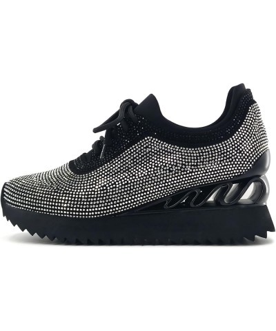 Women's Rhinestone Fashion Snakers Platform Walking Shoes Low Top Lace Up Snakers Black $29.24 Fashion Sneakers