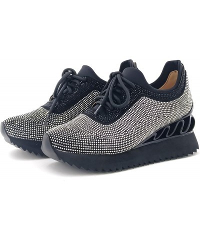 Women's Rhinestone Fashion Snakers Platform Walking Shoes Low Top Lace Up Snakers Black $29.24 Fashion Sneakers