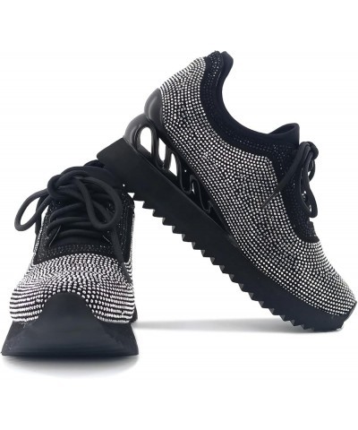 Women's Rhinestone Fashion Snakers Platform Walking Shoes Low Top Lace Up Snakers Black $29.24 Fashion Sneakers