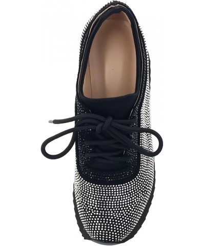 Women's Rhinestone Fashion Snakers Platform Walking Shoes Low Top Lace Up Snakers Black $29.24 Fashion Sneakers