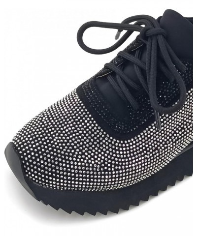 Women's Rhinestone Fashion Snakers Platform Walking Shoes Low Top Lace Up Snakers Black $29.24 Fashion Sneakers