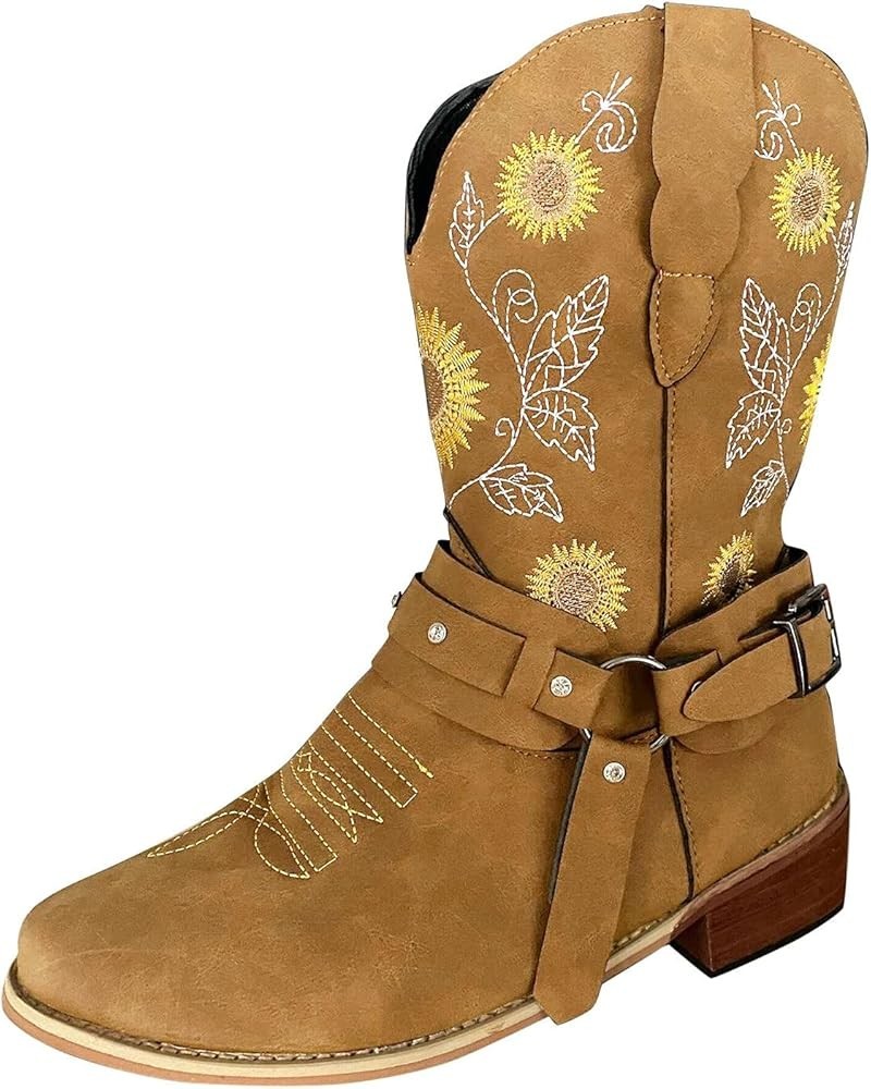 Cowgirl Boots Women Low Heel Slip On Ankle V Cut Booties Winter Warm Stacked Chunky Heel Short Boots Yellow $13.15 Boots