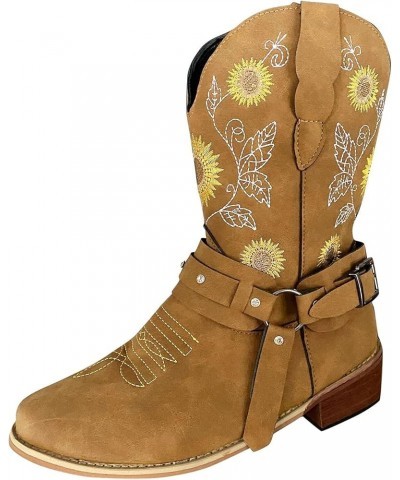 Cowgirl Boots Women Low Heel Slip On Ankle V Cut Booties Winter Warm Stacked Chunky Heel Short Boots Yellow $13.15 Boots