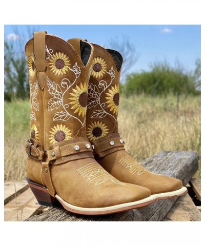 Cowgirl Boots Women Low Heel Slip On Ankle V Cut Booties Winter Warm Stacked Chunky Heel Short Boots Yellow $13.15 Boots