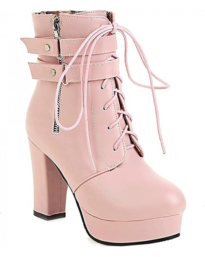 Women's Combat Fashion Round Toe Side Zipper Ankle Boots Platform Lace-Up Chunky Block Mid Heel Dress Short Bootie Pink-velve...