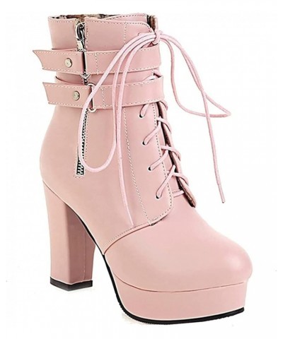 Women's Combat Fashion Round Toe Side Zipper Ankle Boots Platform Lace-Up Chunky Block Mid Heel Dress Short Bootie Pink-velve...